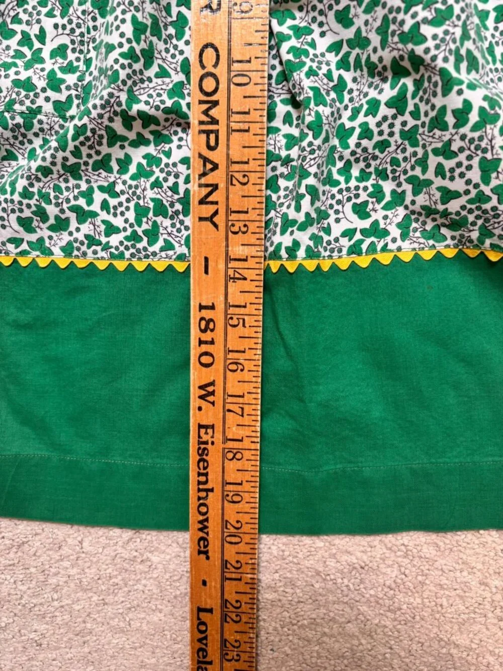 Vintage Green and white floral half apron yellow trim